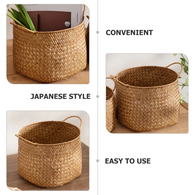Storage Baskets Woven Sundries Small Japanese Flower Wicker Cute Organizers Brown with Handles Shopping