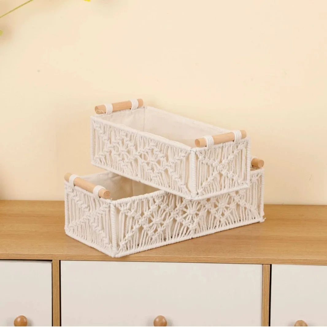 Bohemian Style Storage Containers Cotton Rope Hand Woven Rectangle Desktop Sundries Storage Basket Make Up Organizer