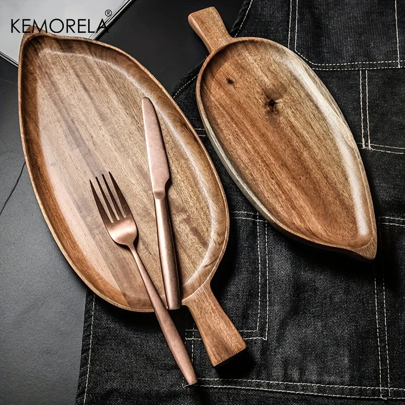 Japanese Style High Aesthetic Wooden Leaf Shaped Afternoon Tea Snack Tray, Western Food Sushi Tray Dessert Fruits Dining Plate