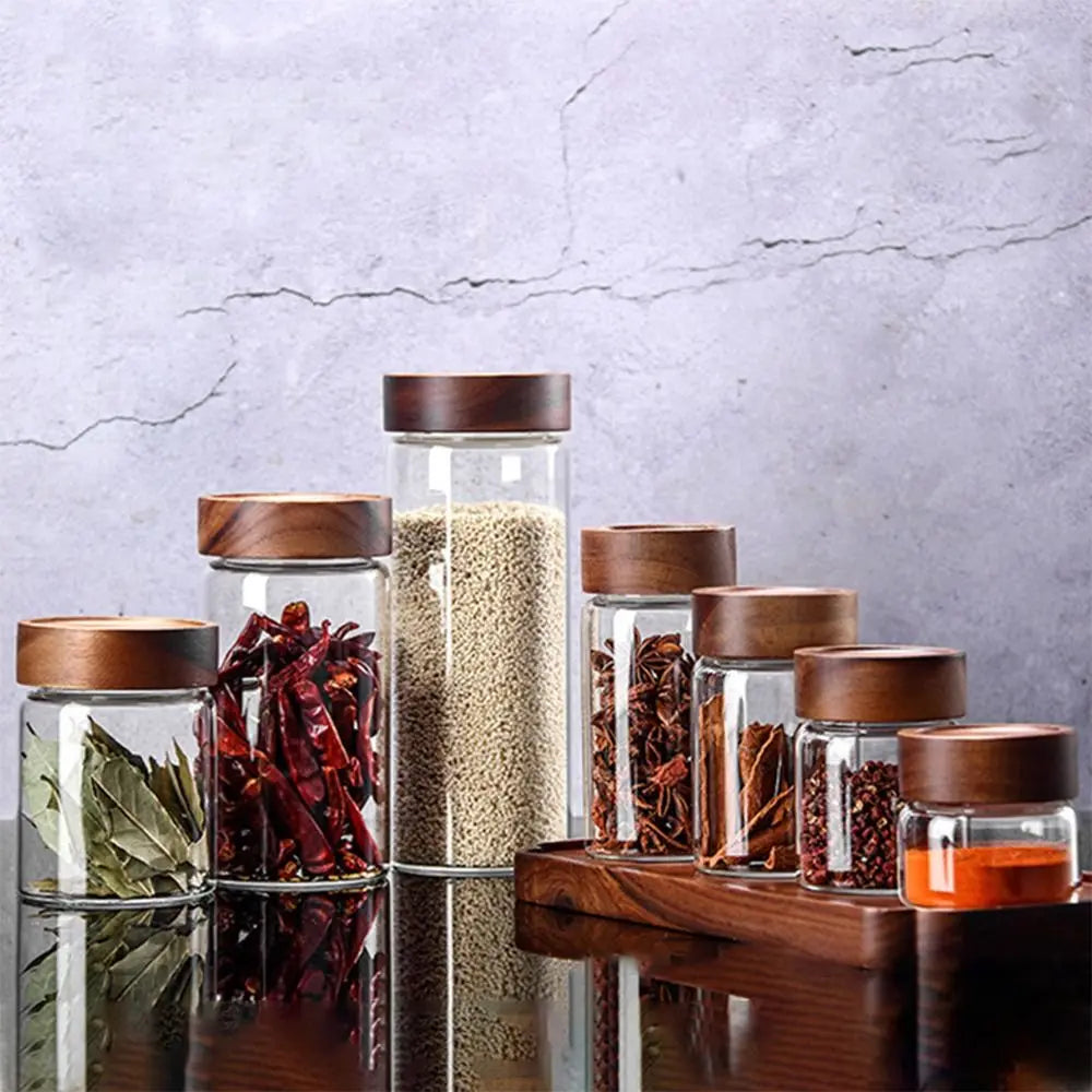 Home&Kitchen Containers Acacia Wood Miscellaneous Grain Storage Tank Split Bottle Sealed Can Storage Pots Spice Jars