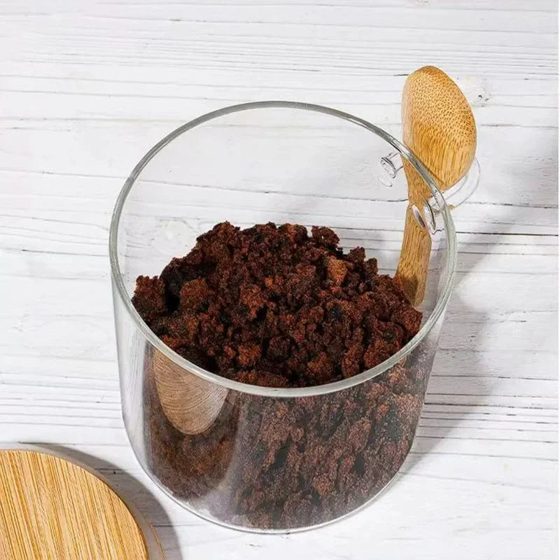 Bamboo Lid with Spoon Sealed Jar Household Glass Storage Jar Tea Jar Coffee Bean Storage Jar Seasoning Jar Milk Powder Jar