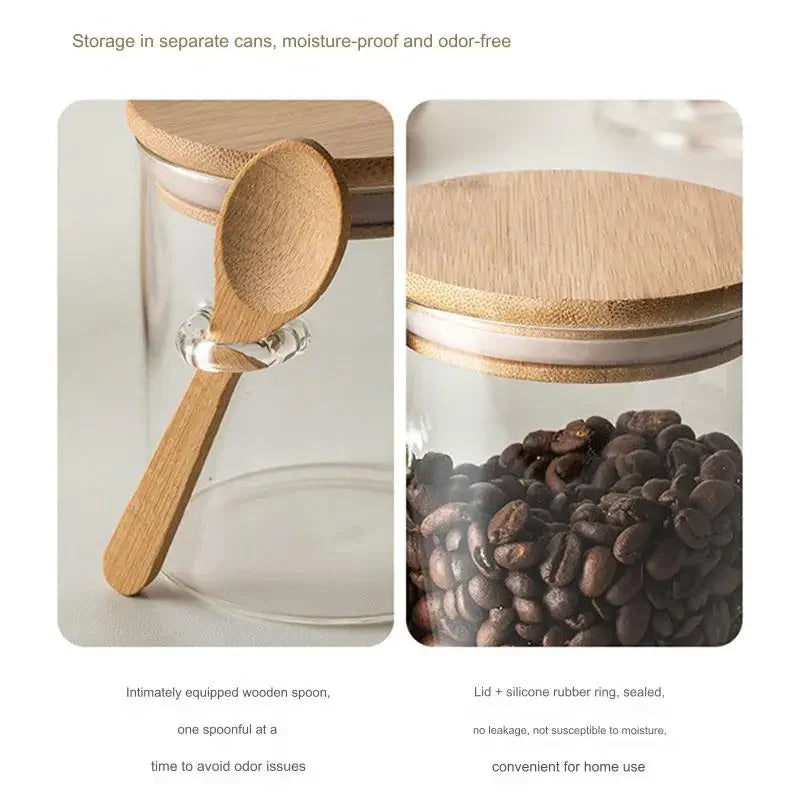 Bamboo Lid with Spoon Sealed Jar Household Glass Storage Jar Tea Jar Coffee Bean Storage Jar Seasoning Jar Milk Powder Jar