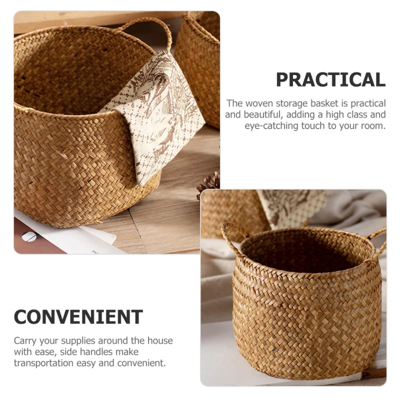 Storage Baskets Woven Sundries Small Japanese Flower Wicker Cute Organizers Brown with Handles Shopping
