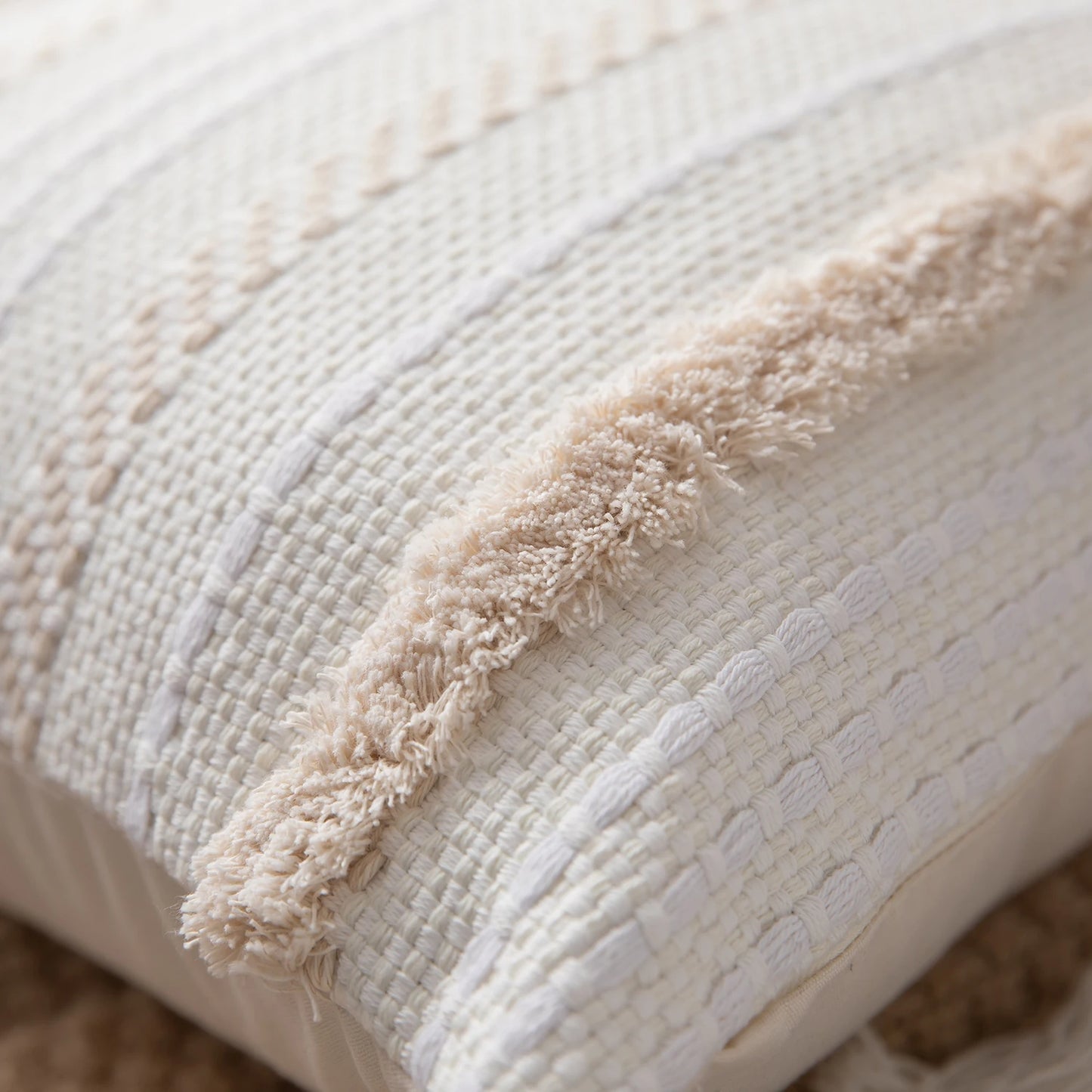 Battilo Boho Throw Pillow Cover Tufted Pillow Case with Tassels Neutral Woven Cushion Cover for Sofa Bed Living Room Home Decor