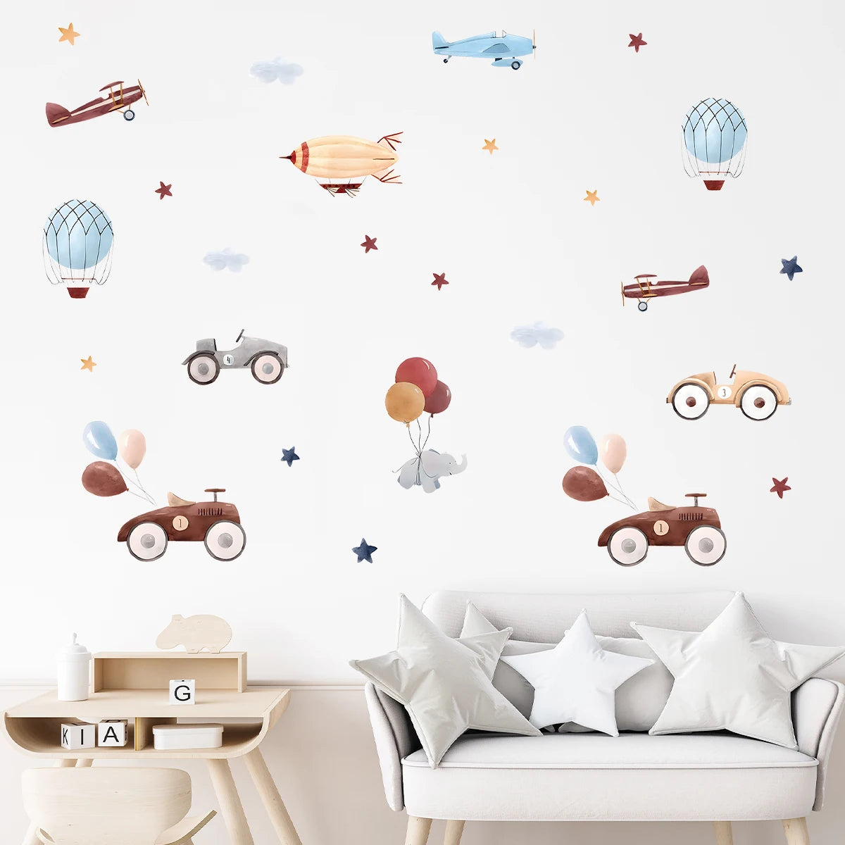 Cartoon Cute Airplane Car Elephant Balloon Wall Stickers Removable for Bedroom Living Room Nursery Decoration Wall Decals