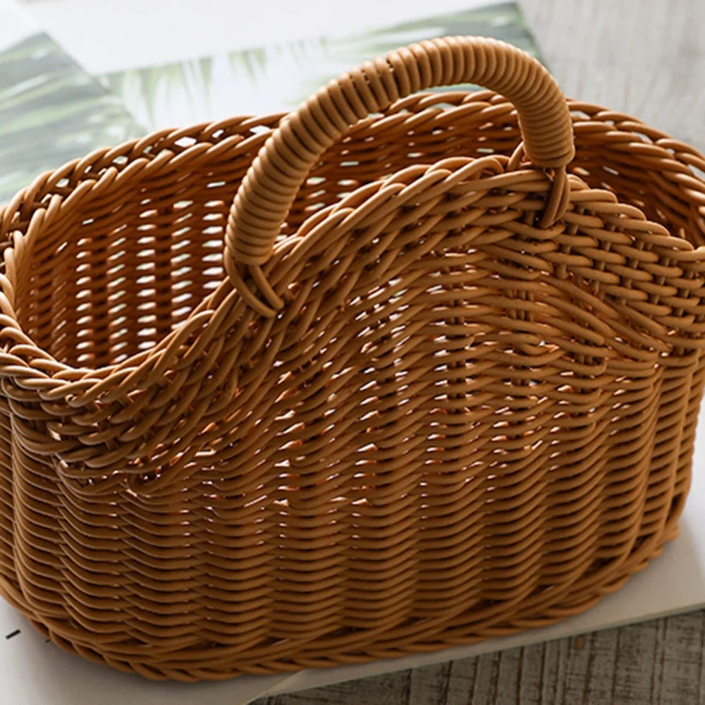 Kitchen Storage Rattan Basket with Handle Woven Hanging Baskets Minimalist Design Living Room Food Fruit Sundries Organizer 