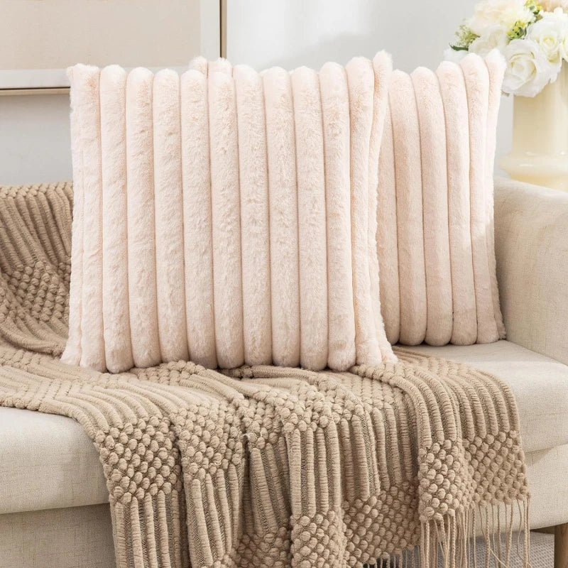 Pillow Cover Faux Rabbit Fur Square Cushion Big Thick Striped Super Soft Solid Color 45x45cm Sofa Decor Cushion Cover