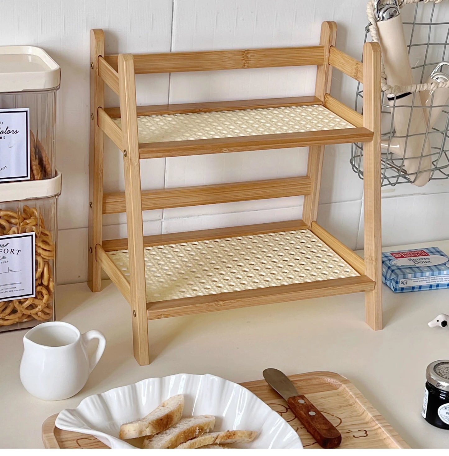 Wooden Storage Shelf 2-Tier Rattan Desktop Stand Organizer Trapezoidal Desk Display Rack Desktop Stationary Office Storage Rack