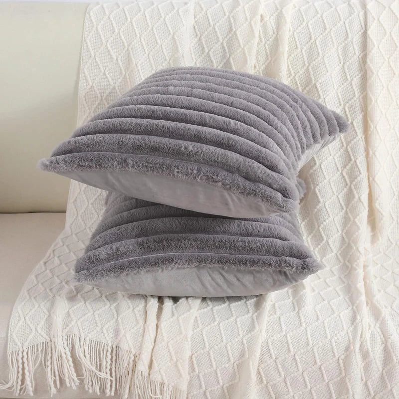 Pillow Cover Faux Rabbit Fur Square Cushion Big Thick Striped Super Soft Solid Color 45x45cm Sofa Decor Cushion Cover