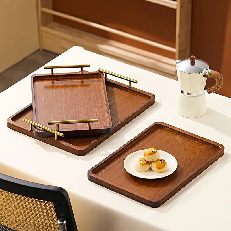Wooden Rectangular Wooden Tray with Golden Metal Handle for Water Cup Fruit Food Bread Sundries Serving Tray Household Organizer