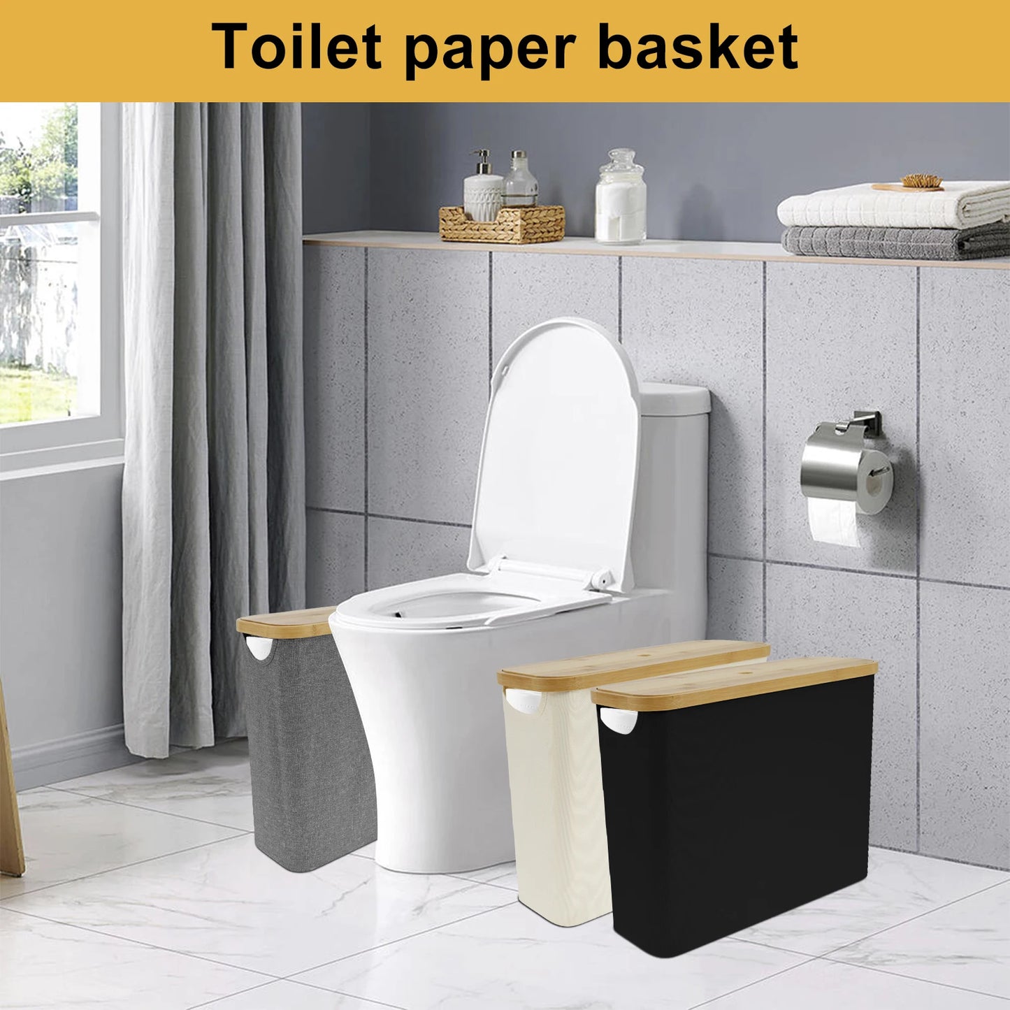 Bathroom Toilet Paper Basket Foldable Large Capacity Toilet Rolls Paper Storage Basket with Wooden Lid for Bathroom Organizer
