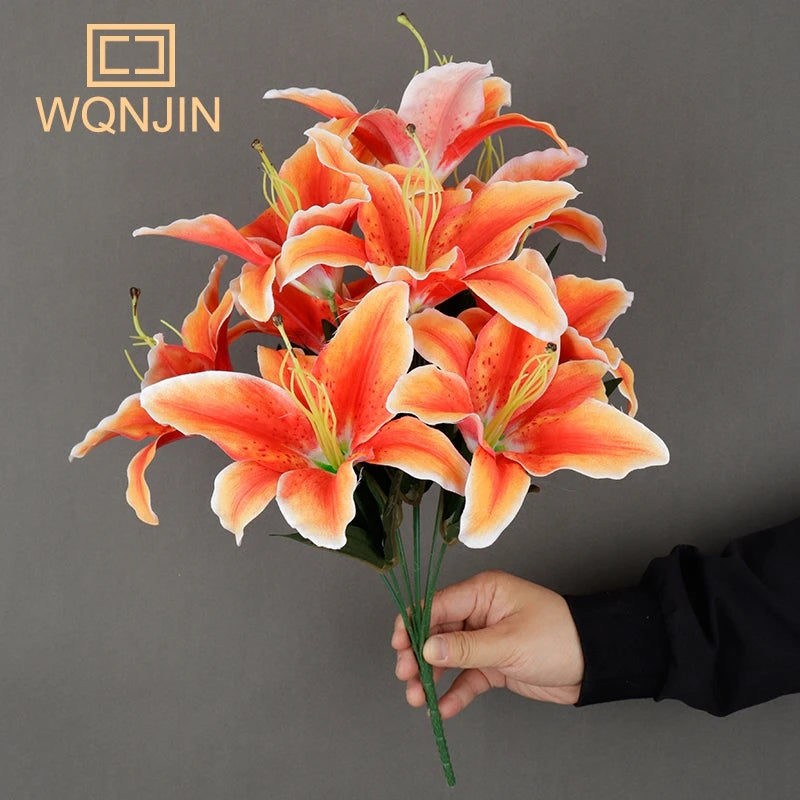 9 Heads/Branch White Lily Artificial Flower Simulation Flower Decorative Home Decoration Gift Lily Branch Fake Bouquet