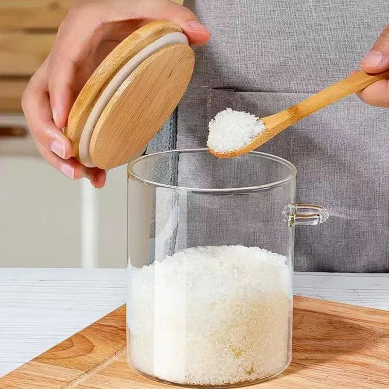 Bamboo Lid with Spoon Sealed Jar Household Glass Storage Jar Tea Jar Coffee Bean Storage Jar Seasoning Jar Milk Powder Jar