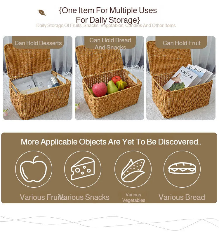 Closet Storage Basket Rattan Woven Organizer Box for Clothes Storage Bin with Lid Home Wardrobe Bedroom Shelf Use
