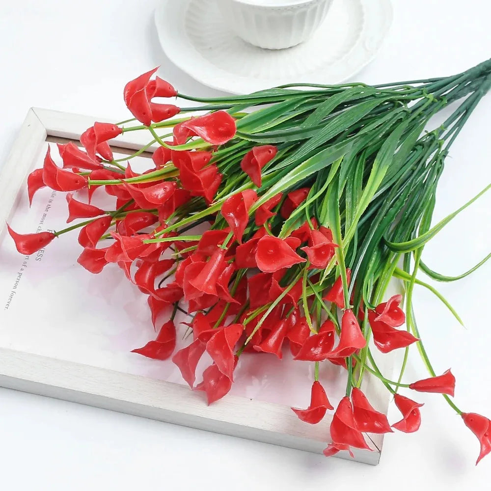 1 Bundles Calla Lily Artificial Flowers for Outdoors Fake Plants Faux Plastic Fake Flower for Indoor Planter Home Cemetery Decor