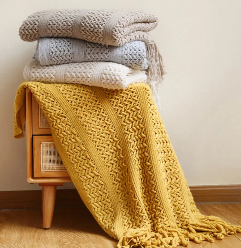 Cream White Textured Knitted Throw Blankets With Tassels Vintage Lightweight Farmhouse Gift Blankets 50x60inch Gift Blankets