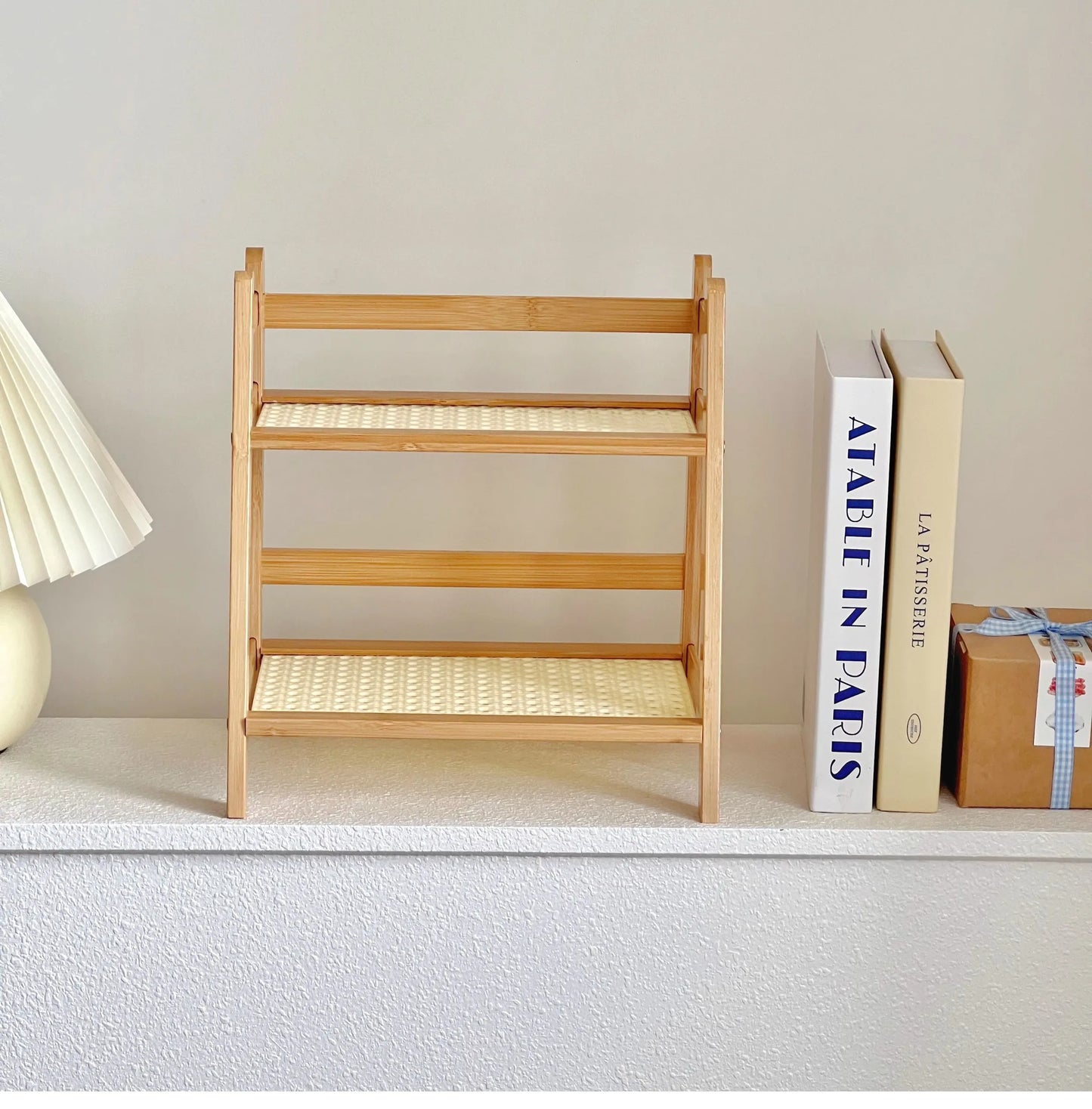 Wooden Storage Shelf 2-Tier Rattan Desktop Stand Organizer Trapezoidal Desk Display Rack Desktop Stationary Office Storage Rack