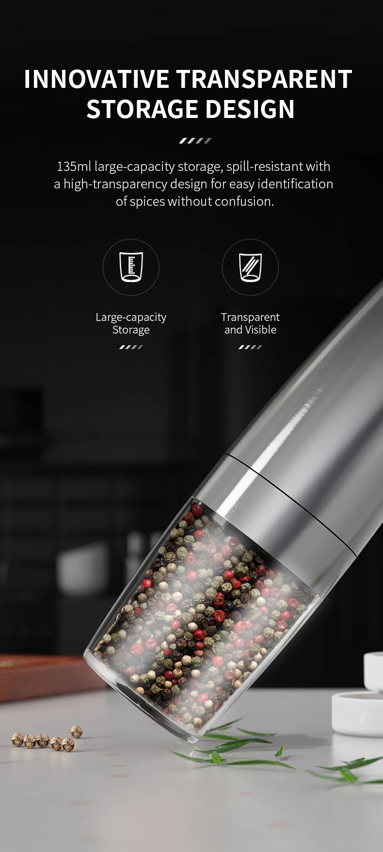 Electric Automatic Salt and Pepper Grinder Set with Led Light Grinder Set Spice Mill Adjustable Spices Grinder Kitchen Tools
