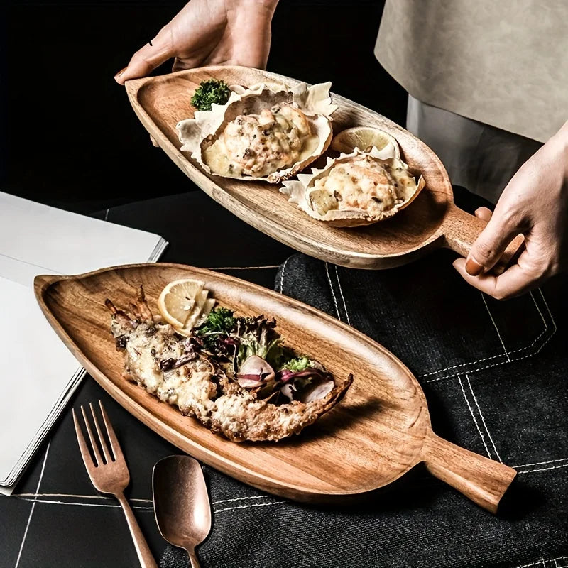 Japanese Style High Aesthetic Wooden Leaf Shaped Afternoon Tea Snack Tray, Western Food Sushi Tray Dessert Fruits Dining Plate