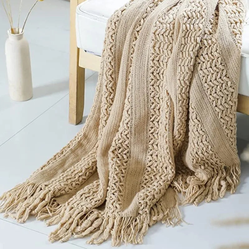 Cream White Textured Knitted Throw Blankets With Tassels Vintage Lightweight Farmhouse Gift Blankets 50x60inch Gift Blankets