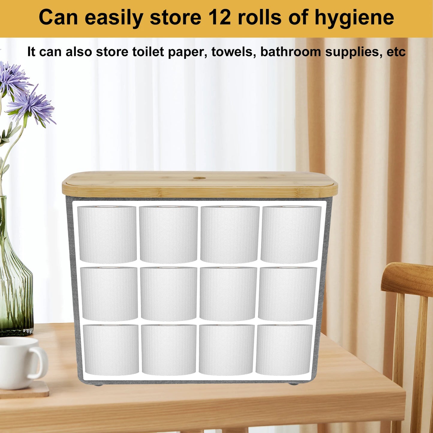 Bathroom Toilet Paper Basket Foldable Large Capacity Toilet Rolls Paper Storage Basket with Wooden Lid for Bathroom Organizer