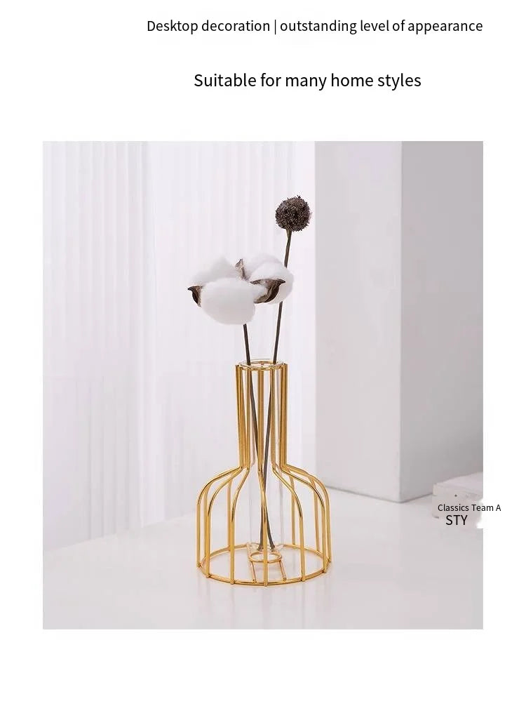 1 set of gold wrought iron metal vase hydroponic container test tube vase living room illustration decoration