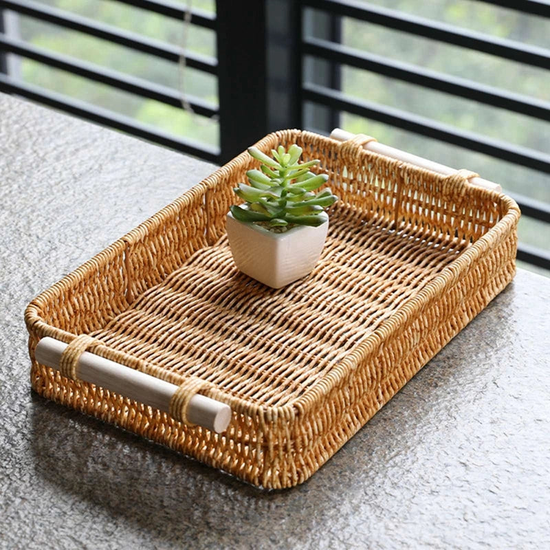 Multi-size Handwoven Rattan Storage Tray Round Wicker Basket Serving Tray With Wooden Handle Bread Food Plate Fruit Cake Platter