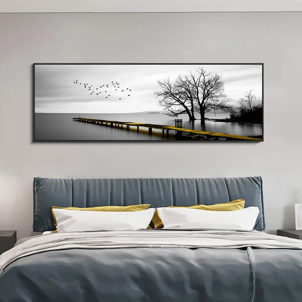 Modern, Minimalist, Wall Art, Landscape Seaside Goldenwood Bridge, Canvas Print Poster, Home Living Room Backdrop Decoration