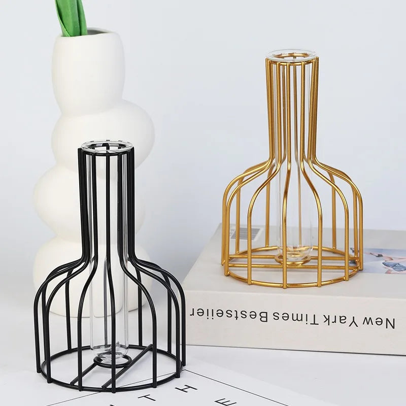 1 set of gold wrought iron metal vase hydroponic container test tube vase living room illustration decoration
