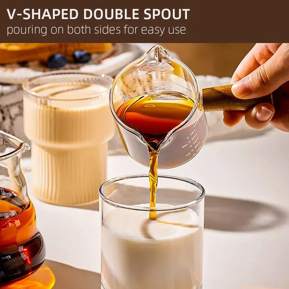Glass Measuring Cup With Wood Handle 1pc Glass Espresso Measuring Cup Double Single Mouth Milk Coffee Clear Mug Coffee Supplies