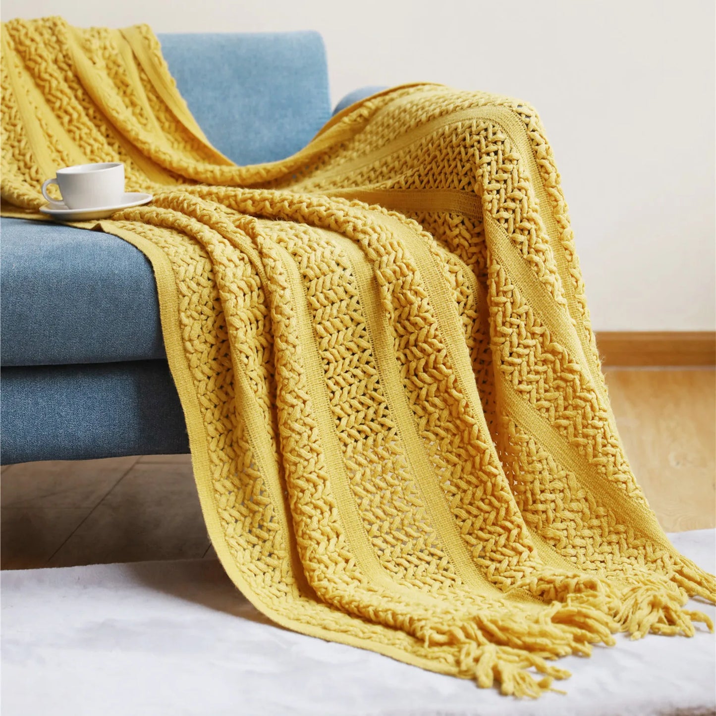 Cream White Textured Knitted Throw Blankets With Tassels Vintage Lightweight Farmhouse Gift Blankets 50x60inch Gift Blankets