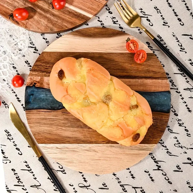 Round Acacia Wood & Resin Food-Safe Cutting Board - Perfect Kitchen Tray for Steak, Snacks, Fruit | Home & Restaurant Use