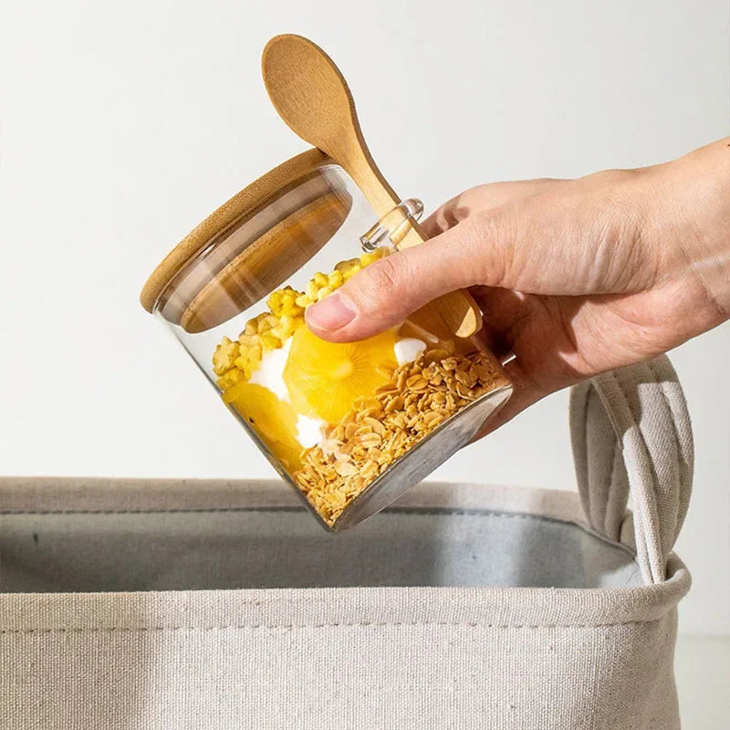 Bamboo Lid with Spoon Sealed Jar Household Glass Storage Jar Tea Jar Coffee Bean Storage Jar Seasoning Jar Milk Powder Jar