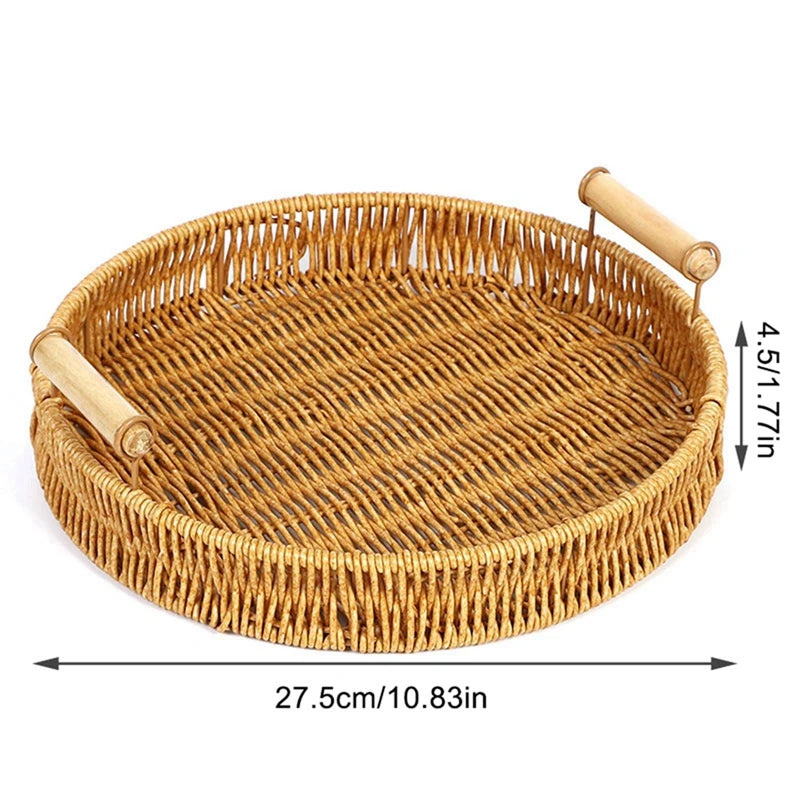 Multi-size Handwoven Rattan Storage Tray Round Wicker Basket Serving Tray With Wooden Handle Bread Food Plate Fruit Cake Platter