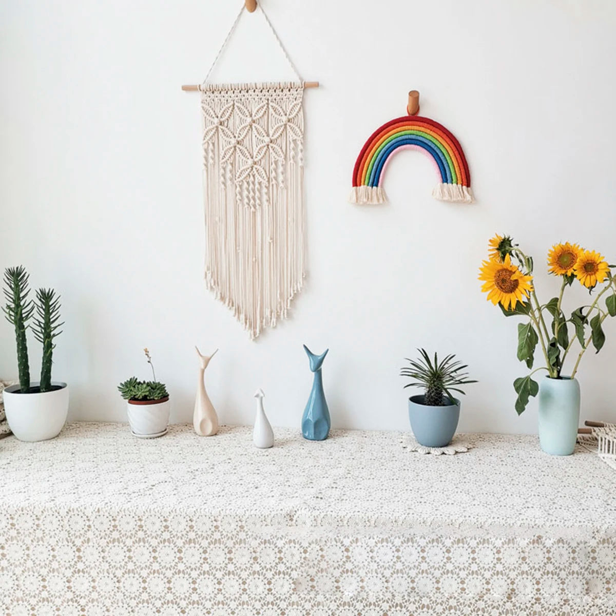 Macrame Wall Hanging Tapestry Handmade Bohemian Ethnic Chic Tapestry Boho Woven Wall Art Décor Beige Tassel Cotton Crochet