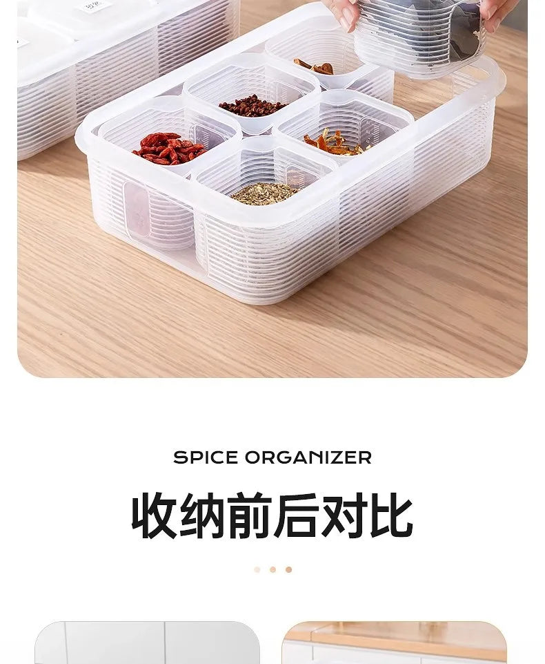 Food Storage Container 6 Grids Vegetable Fruit Fresh-keeping Box with Lid for Refrigerator Kitchen Spice Seasoning Storage Jar