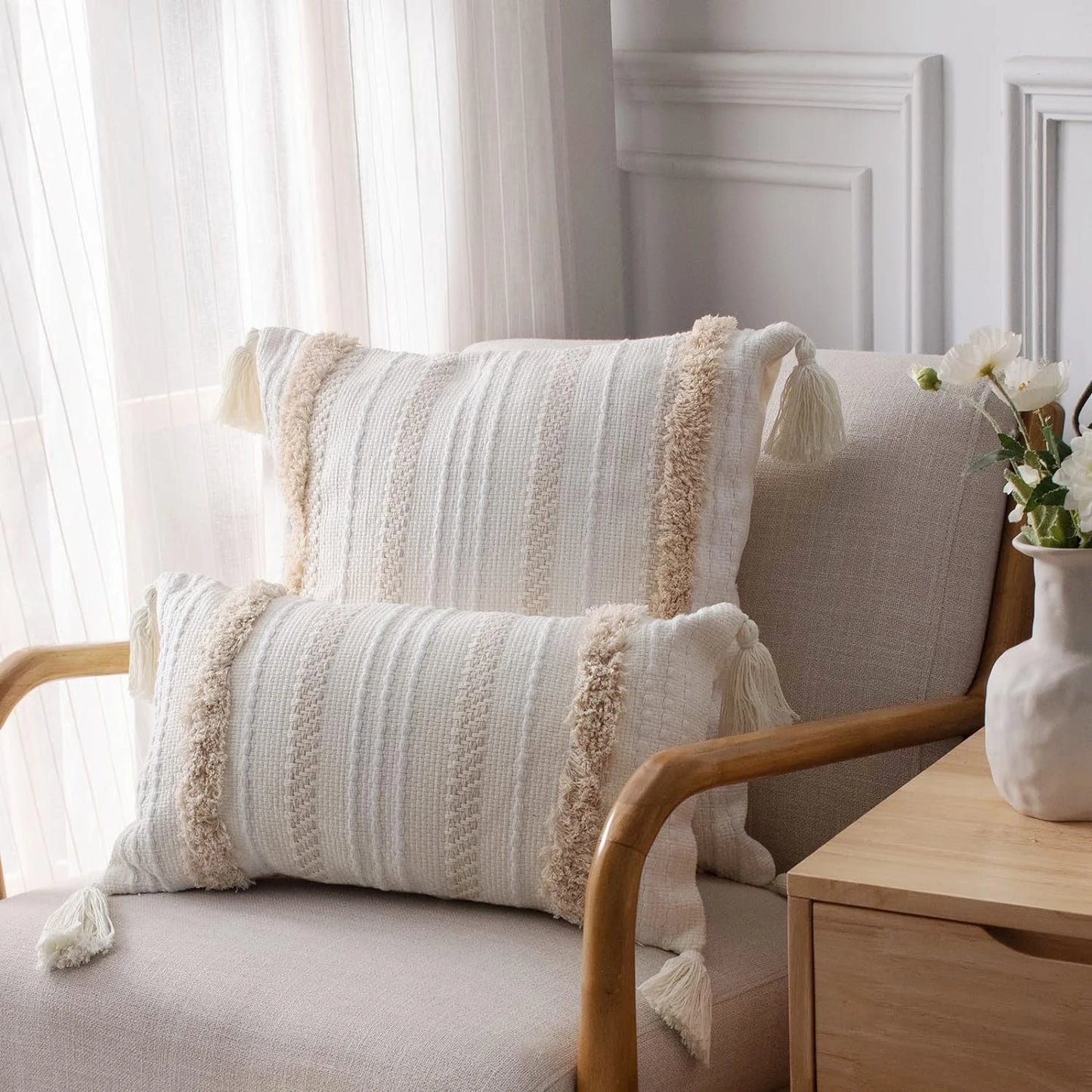 Battilo Boho Throw Pillow Cover Tufted Pillow Case with Tassels Neutral Woven Cushion Cover for Sofa Bed Living Room Home Decor