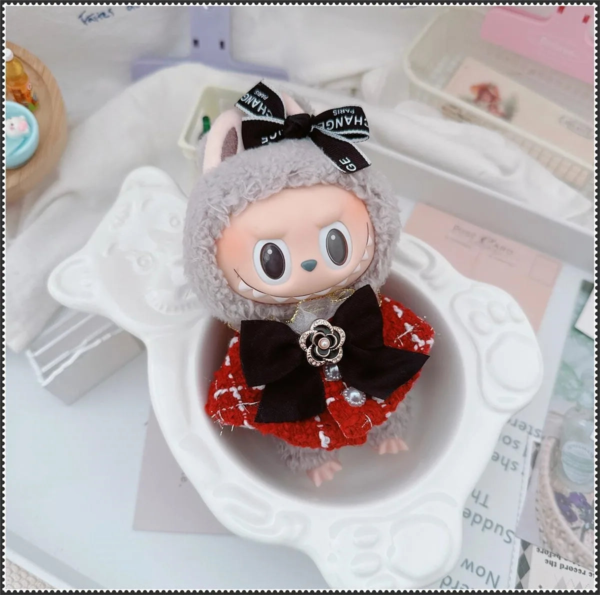 17cm Labubu Doll Accessories Clothes Advanced Luxury Design Sweet Woolen Shawl Suit Skirt Labubu Clothes Messenger Bag Loafers