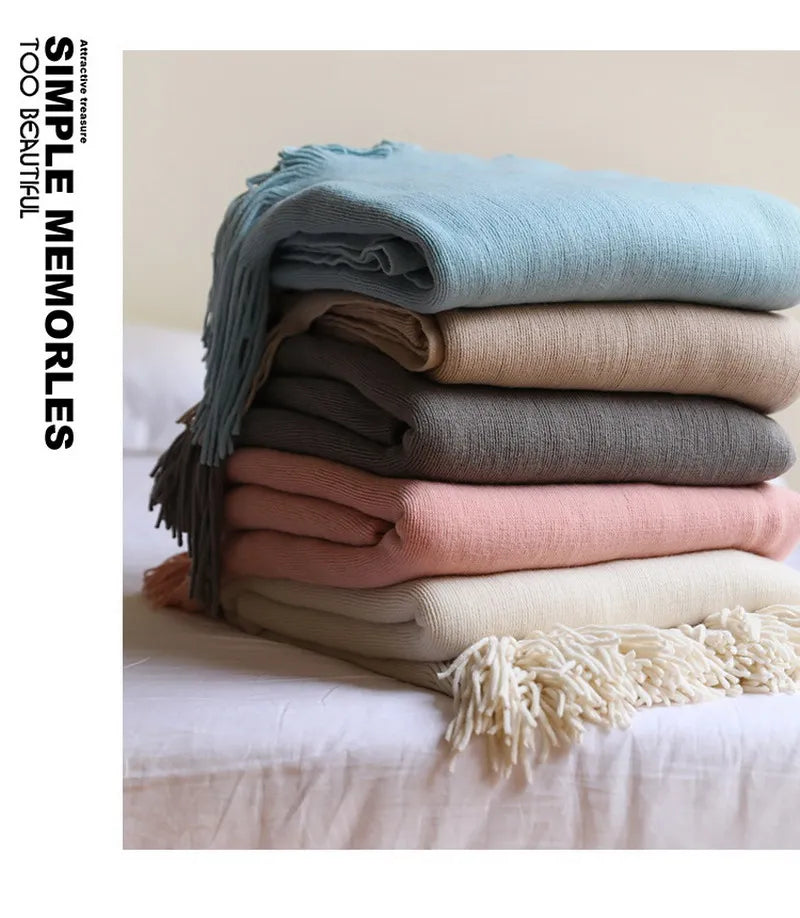 Nordic Knitted Tassels Fringe Blankets Lightweight Throw Solid Blanket Cozy Farmhouse Gift All Season Comfort For Home Travel