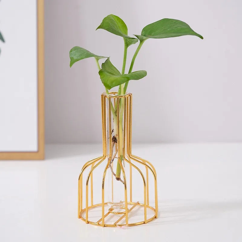 1 set of gold wrought iron metal vase hydroponic container test tube vase living room illustration decoration