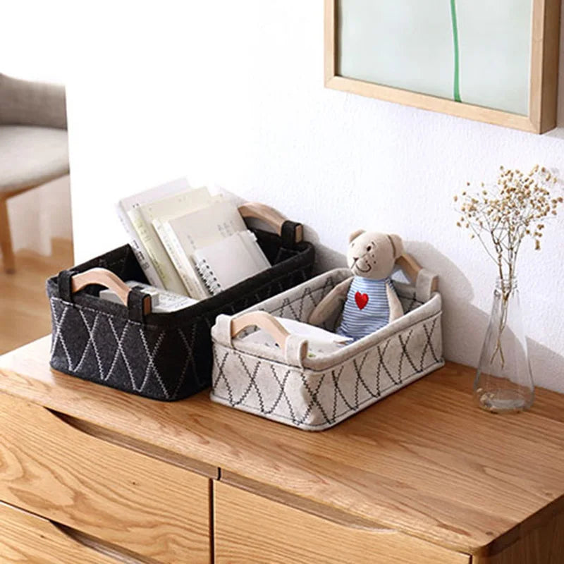 Felt Storage Basket Desk Organizer Toy Basket Storage Bins Makeup Organizer Basket Desktop Wooden Handle Storage Organizer Box