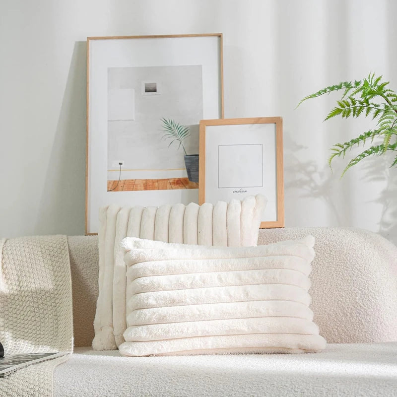 Pillow Cover Faux Rabbit Fur Square Cushion Big Thick Striped Super Soft Solid Color 45x45cm Sofa Decor Cushion Cover