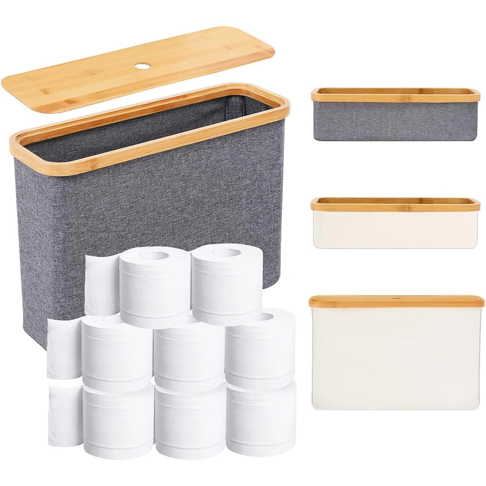 Bathroom Toilet Paper Basket Foldable Large Capacity Toilet Rolls Paper Storage Basket with Wooden Lid for Bathroom Organizer
