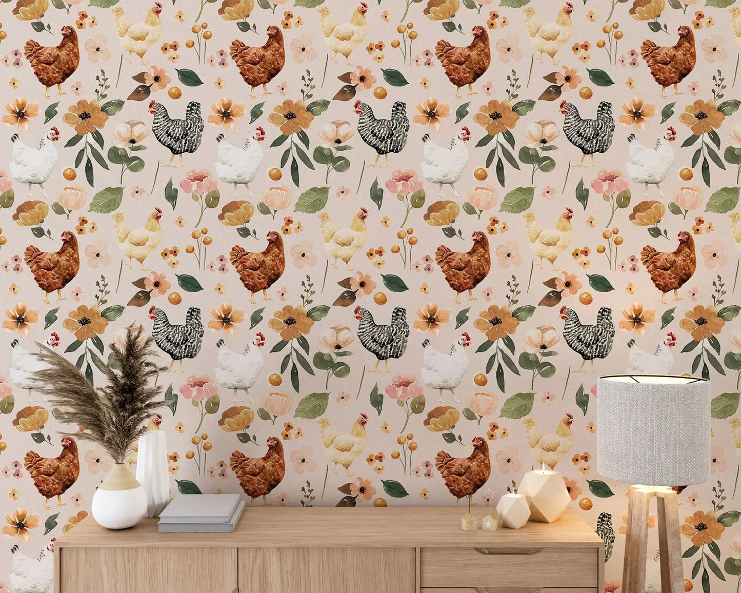 Farmhouse Wallpaper - Watercolor Chicken Floral Wallpaper - Painted Hens Chickens Peel and Stick Wallpaper,Removable Wallpaper