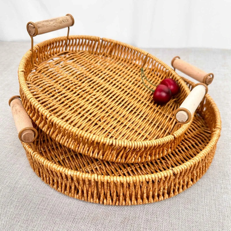 Multi-size Handwoven Rattan Storage Tray Round Wicker Basket Serving Tray With Wooden Handle Bread Food Plate Fruit Cake Platter