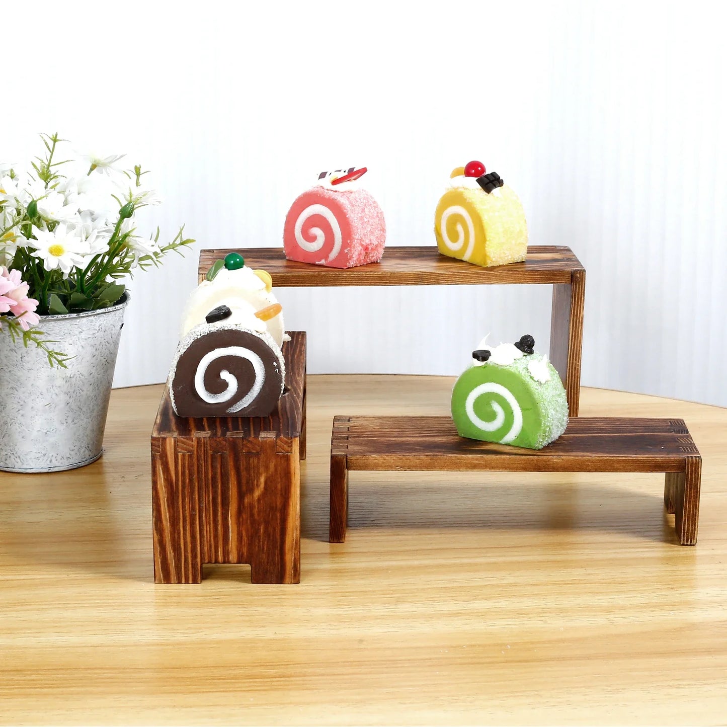 3Pcs Wood Display Stand Rectangle Wooden Riser Display Shelf Organizer Dessert Figurines Perfume Jewelry Ladder Organizer Shelf