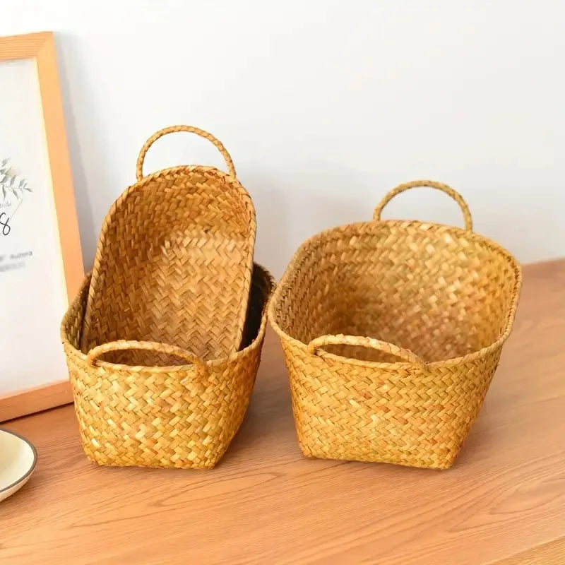 Woven Storage Basket for Fruits And Snacks, Double-Handled Rattan Basket for Organizing Miscellaneous Items, Shelf Baskets