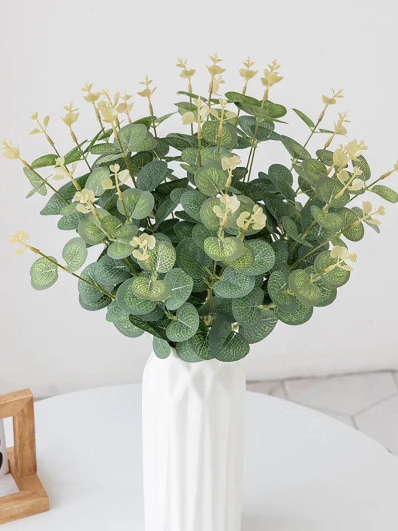 10pcs Eucalyptus Leaves Artificial Plastic Plants Leaves Bunch Branch Green Stems Wedding Faux Fake Flowers Cake DIY Decor