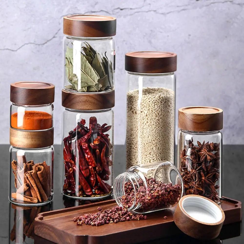 Home&Kitchen Containers Acacia Wood Miscellaneous Grain Storage Tank Split Bottle Sealed Can Storage Pots Spice Jars