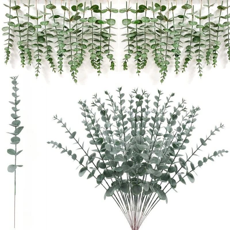 12 Pcs Artificial Eucalyptus Leaves Green Fake Plant Branches for Wedding Party Outdoor Home Garden Table Decoration Wreath